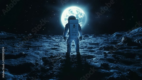 Astronaut standing on a moon-like surface with a large moon in the background.