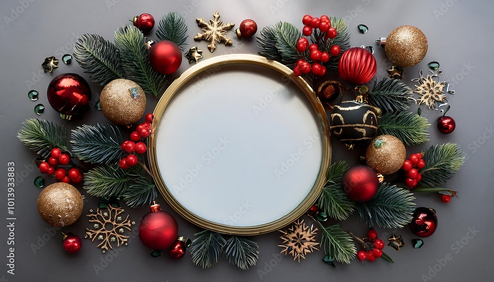 Festive round border adorned with Christmas ornaments and greenery for joyful holiday celebrations. Generative AI Festive round border adorned with Christmas ornaments and greenery for joyful holiday celebrations. Generative AI
