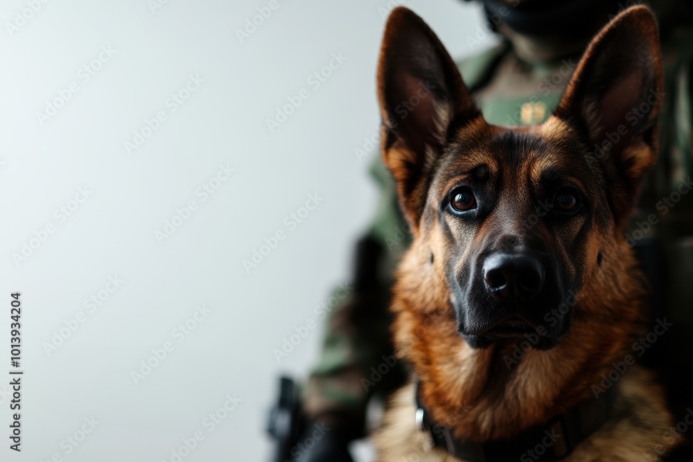 A focused German Shepherd K9 dog stands alert, showcasing its strong features and readiness for action beside a soldier. A focused German Shepherd K9 dog stands alert, showcasing its strong features and readiness for action beside a soldier.