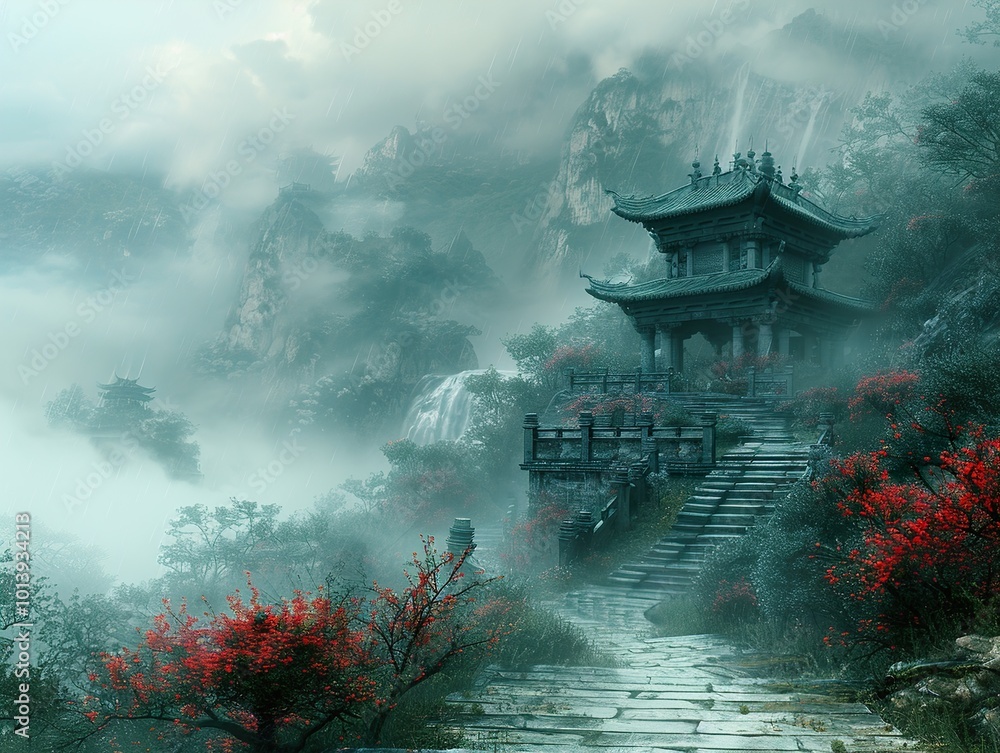 Serene Mountain Temple in the Mist - Asian Landscape Photography Serene Mountain Temple in the Mist - Asian Landscape Photography