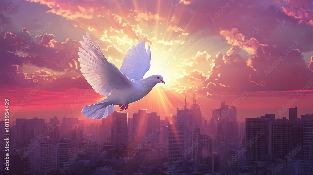Fototapeta premium A white dove flies towards the sunrise over a cityscape.