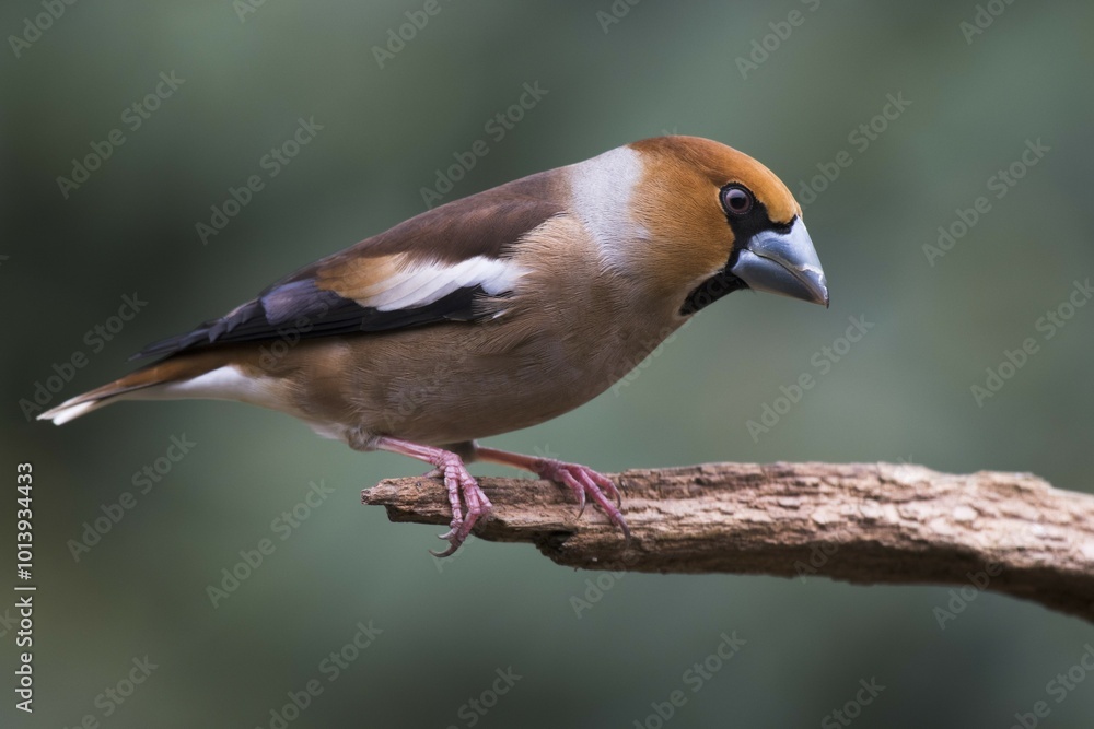 Fototapeta premium Hawfinch (Coccothraustes coccothraustes) sits on deadwood, Emsland, Lower Saxony, Germany, Europe