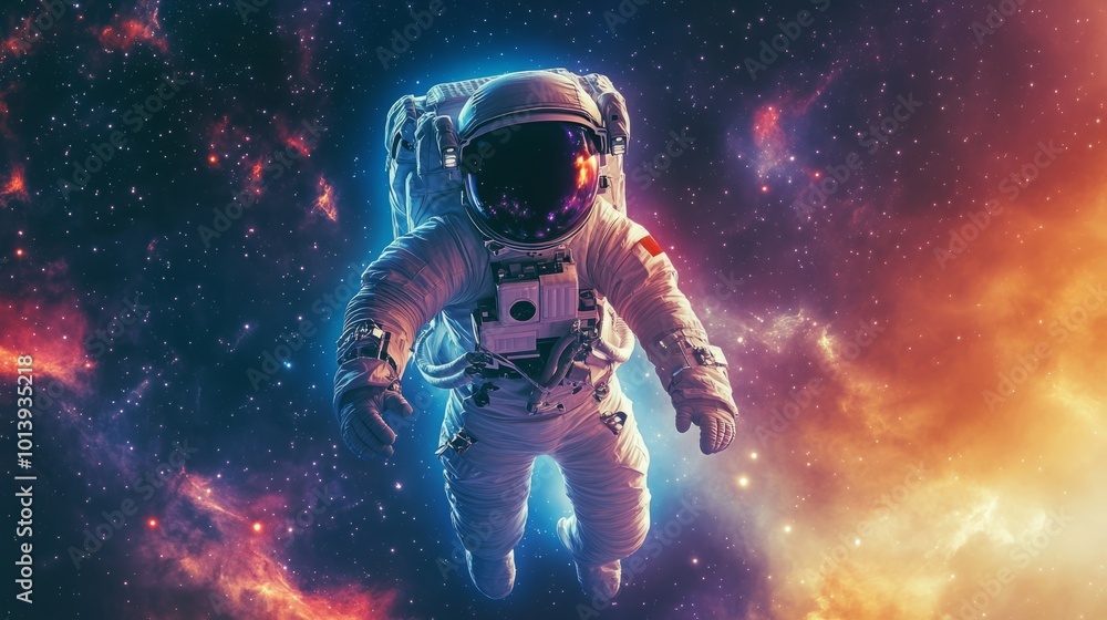 Astronaut floats in space, surrounded by stars. Astronaut floats in space, surrounded by stars.