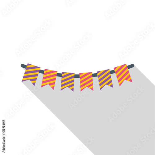 Colorful festive flags hanging on a string icon in flat style with long shadow