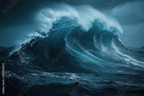 A Powerful Wave Crashing in a Stormy Ocean