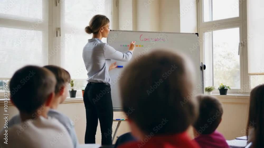 Female Teacher Writing on Whiteboard in a Classroom Female Teacher Writing on Whiteboard in a Classroom