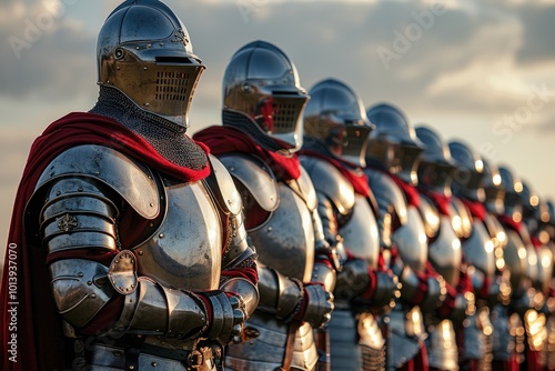 A Row of Knights in Full Armor Standing in Formation