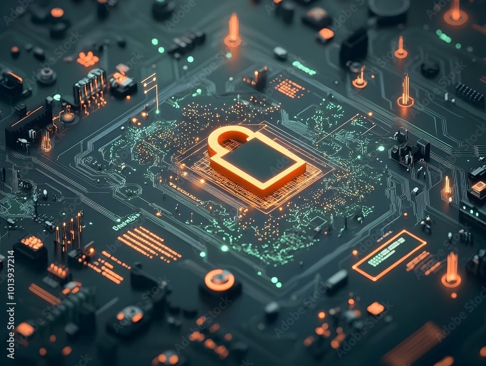 Fototapeta premium Encrypted Digital Domain with Futuristic Padlock Hologram and Global Cyber Technology Network Advanced electronic engineering digital security monitoring