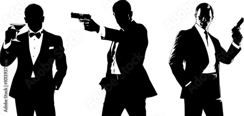 Silhouettes of elegant men in suits and with a bow tie with a gun in their hand on a white background. Bond themed illustration of a shooting man photo