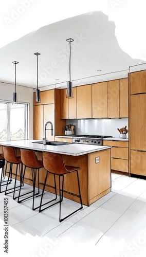 sleek kitchen with wooden cabinets, stainless steel appliances, and a central island. hand drawn sketch