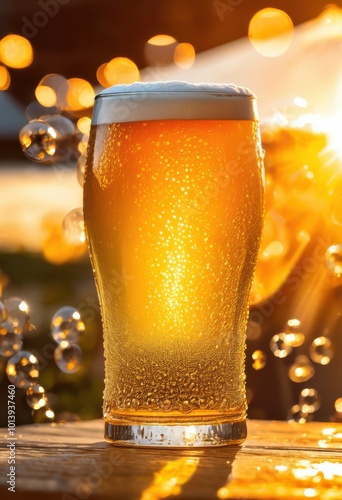 dynamic close capturing sparkling bubbles creamy foam beer lively reflections vibrant colors, amber, aromas, bands, bubbly, chill, chilliness, clarity photo