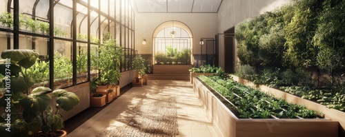 An architectural detail of a boutique hotel where each room has its own mini-greenhouse, allowing guests to grow their own herbs and vegetables during their stay