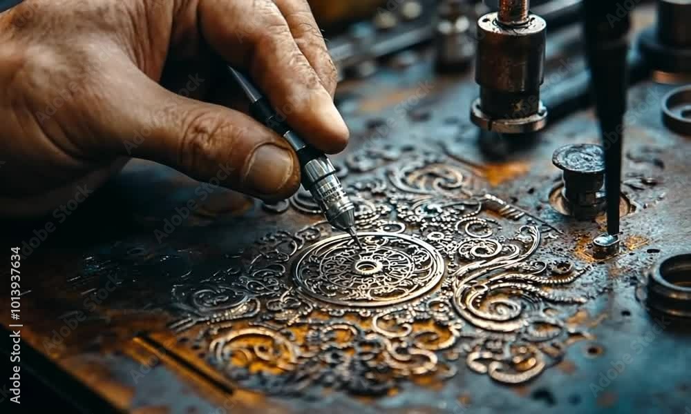 Close-up of an intricate metal design being created with a stamping tool Close-up of an intricate metal design being created with a stamping tool