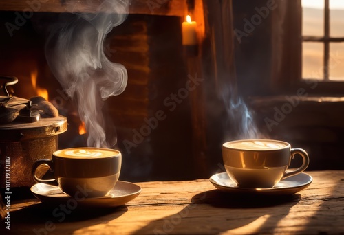 enchanting steam rising from coffee cup resting rustic wooden surface capturing cozy warmth inviting ambience, mug, beverage, aroma, morning, cafe, drink