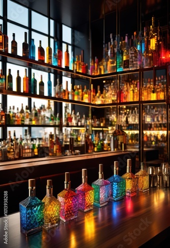 colorful vibrant liquor bottles arranged aesthetically sleek modern bar counter showcasing various shapes textures, drinks, design, glass, shine, liquid