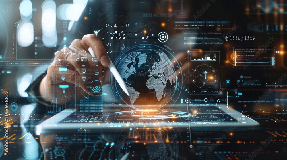 Close-Up of a Person Using a Tablet with global network connection, Holographic Displaying Globe, Binary Code, and Technological Icons, data exchange, digital technology, data science, Close-Up of a Person Using a Tablet with global network connection, Holographic Displaying Globe, Binary Code, and Technological Icons, data exchange, digital technology, data science,