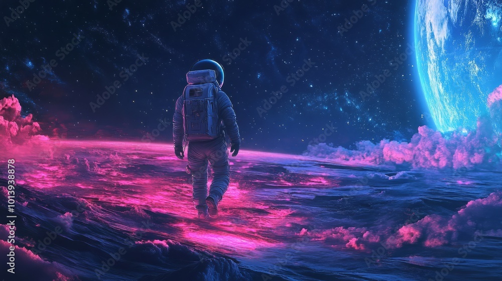 Obraz premium An astronaut walks on an alien planet, illuminated by a vibrant pink glow.