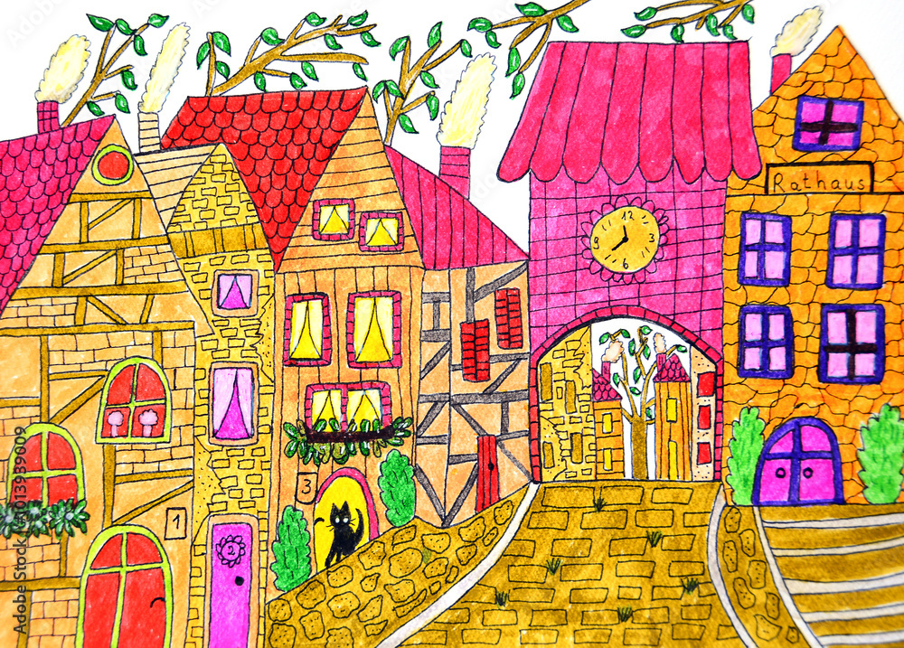 Naklejka premium Houses with city gate, naive painting, white background