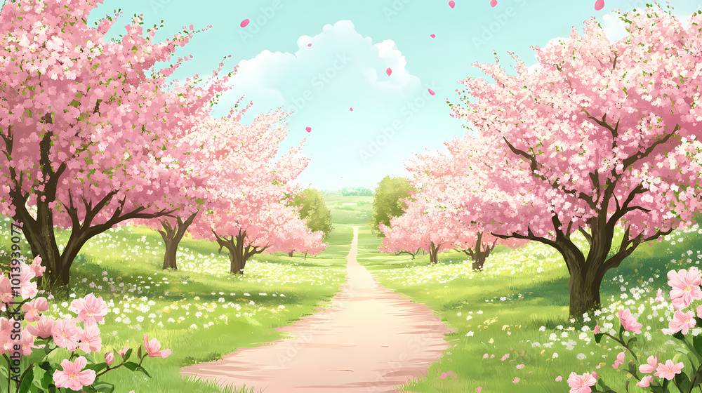 Pink beautiful blooming garden of trees. Blooming Orchard. Illustration Pink beautiful blooming garden of trees. Blooming Orchard. Illustration