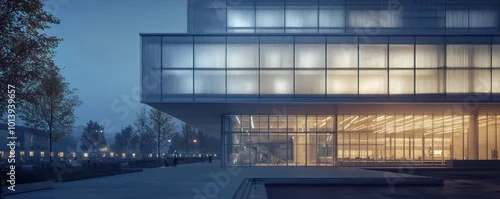Panel kuchenny z motywem An architectural overview of a civic center with a facade that uses translucent concrete, allowing light to permeate and illuminate the structure at night