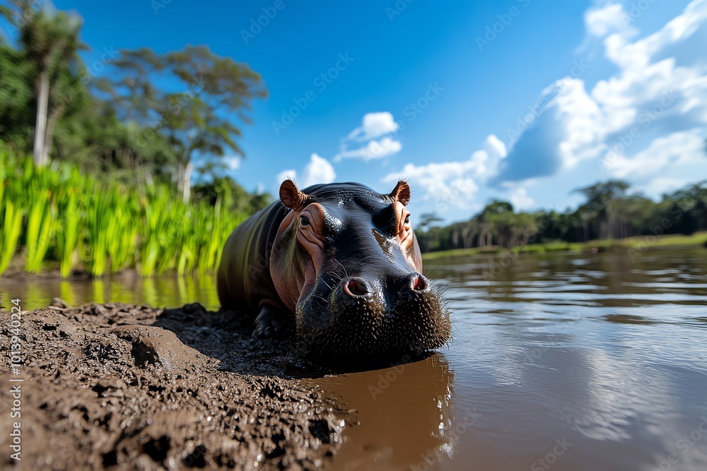 Fototapeta premium Pygmy Hippopotamus basking in the sun on a muddy riverbank, its skin glistening with moisture under the warm rays