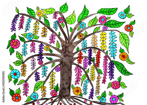 Painted tree with colorful leaves, naive painting, white background