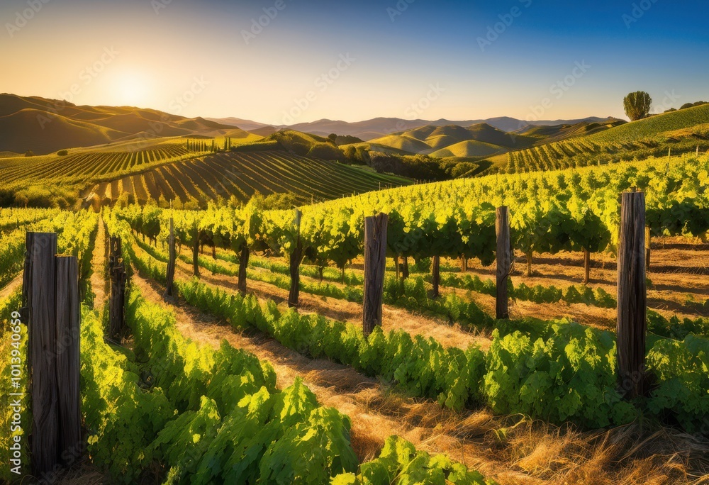 Fototapeta premium breathtaking vineyard landscape showcasing lush green vines interspersed rustic wine barrels set clear blue sky, beauty, country, cultivation, color, contrast