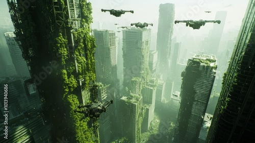 Futuristic Dystopian Megacity: Urban Ruins Overgrown by Nature in Hostile AI Ray Tracing Concept Art