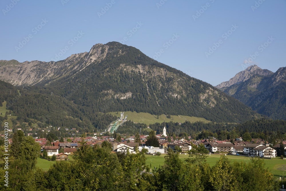 Fototapeta premium Town view, behind ski jump, Oberstdorf, Allgäuer Alps, Allgäu, Bavaria, Germany, Europe