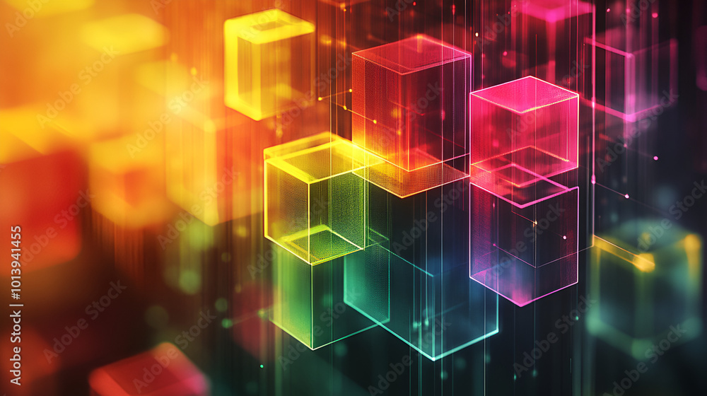 Vibrant abstract design featuring colorful translucent cubes against a dark background illuminated by glowing lights Vibrant abstract design featuring colorful translucent cubes against a dark background illuminated by glowing lights