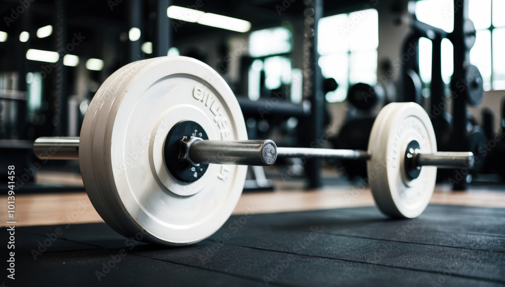 Close-up of a loaded white barbell in a fitness center Close-up of a loaded white barbell in a fitness center
