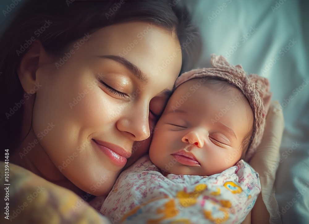 Peaceful Mother and Baby Sleeping in Warm Embrace Peaceful Mother and Baby Sleeping in Warm Embrace
