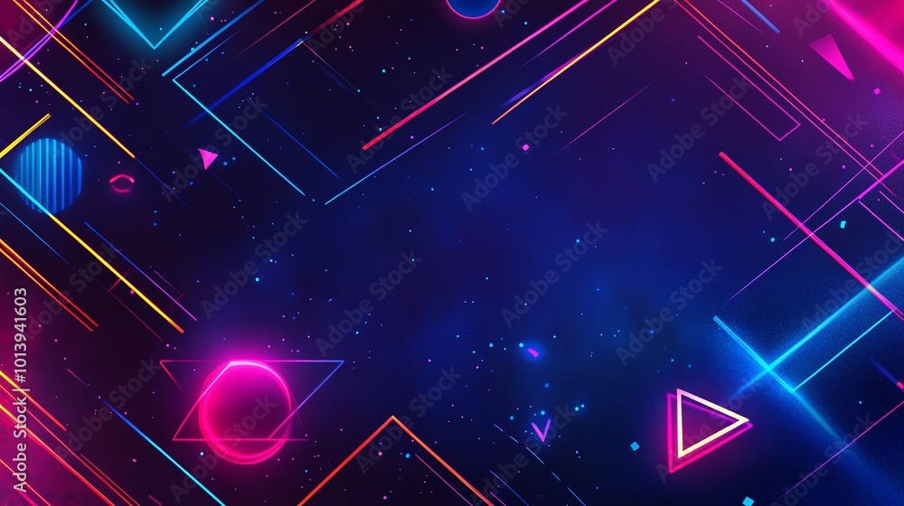 Obraz premium Abstract neon geometric shapes on a dark background.