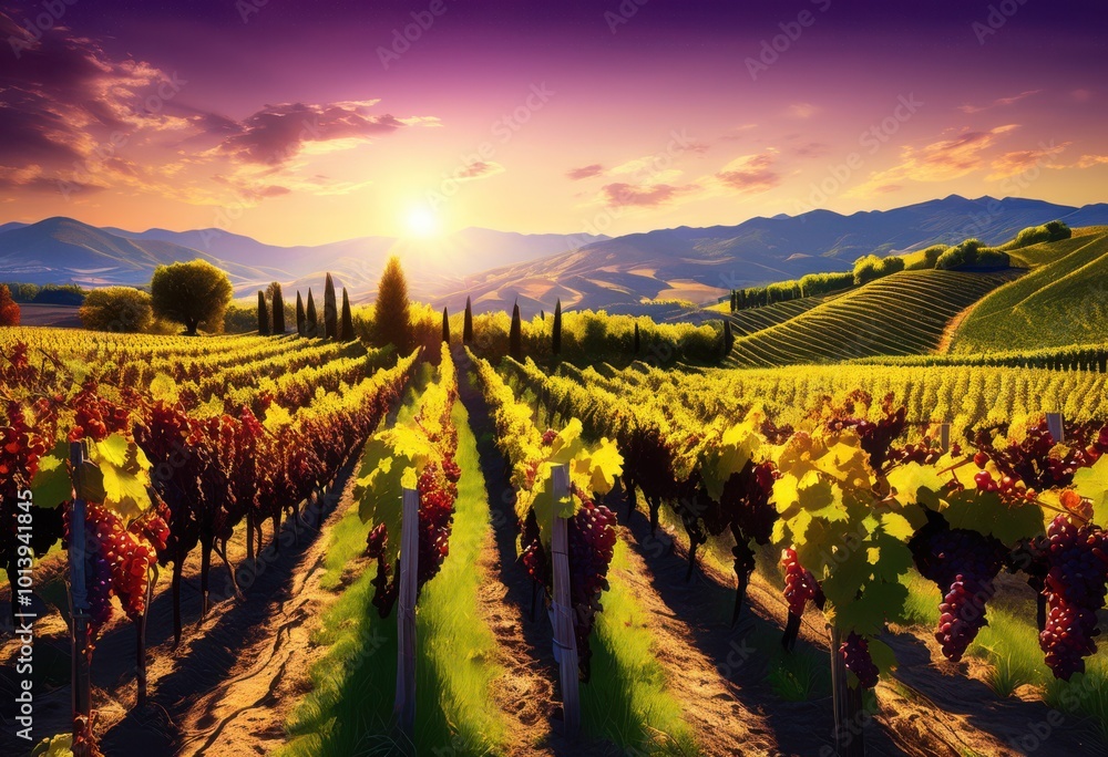 Fototapeta premium lush vineyard landscape featuring colorful rows ripening grapes under bright sunshine creating tranquil nature scene, abundance, agriculture, areas