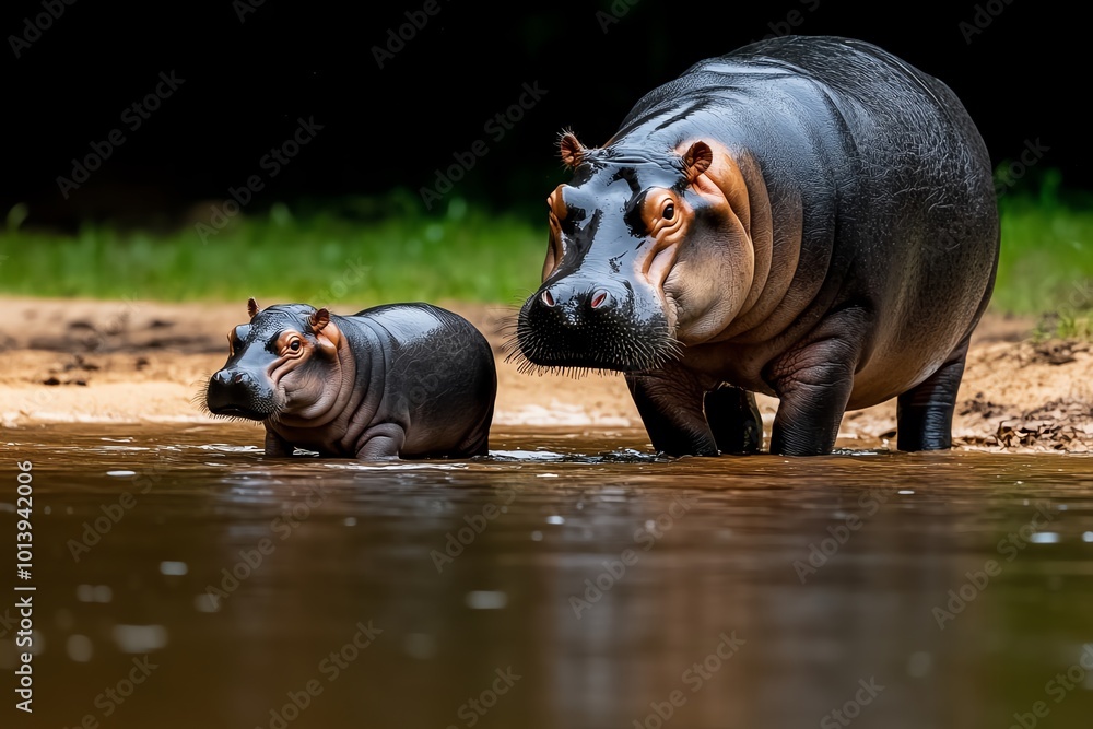 Pygmy Hippopotamus family wading in a shallow stream, with one baby hippo following its mother closely through the water Pygmy Hippopotamus family wading in a shallow stream, with one baby hippo following its mother closely through the water