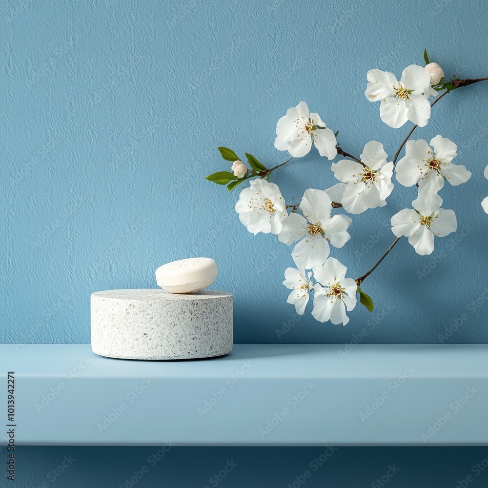White marble podium for product presentation on blue background with spring cherry blossoms White marble podium for product presentation on blue background with spring cherry blossoms