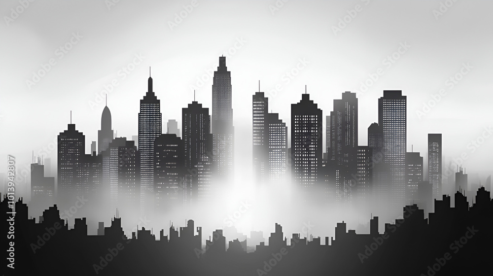 Naklejka premium Silhouette of a city skyline basking in morning fog with towering buildings and distinct architectural features