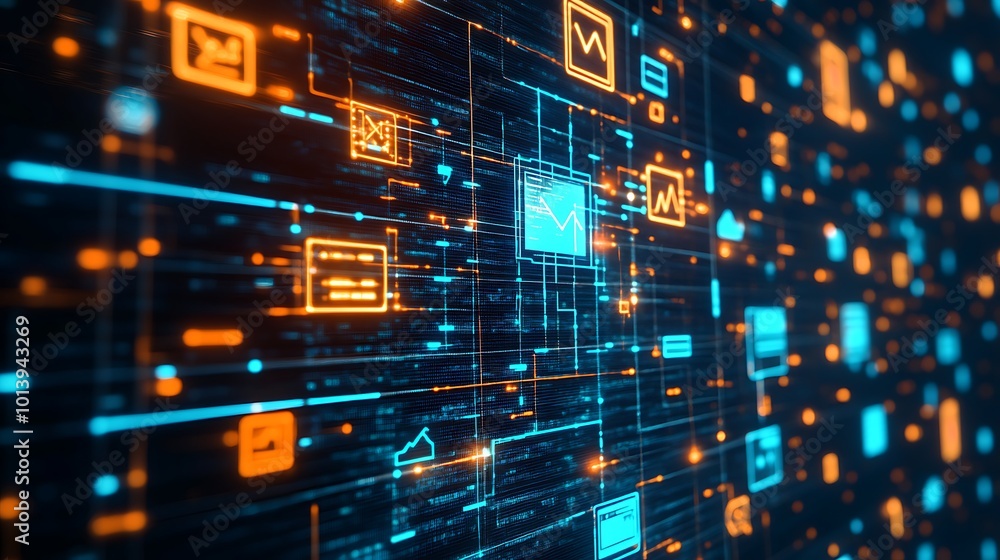 Abstract digital background with glowing icons and lines representing data flow and connection. Abstract digital background with glowing icons and lines representing data flow and connection.