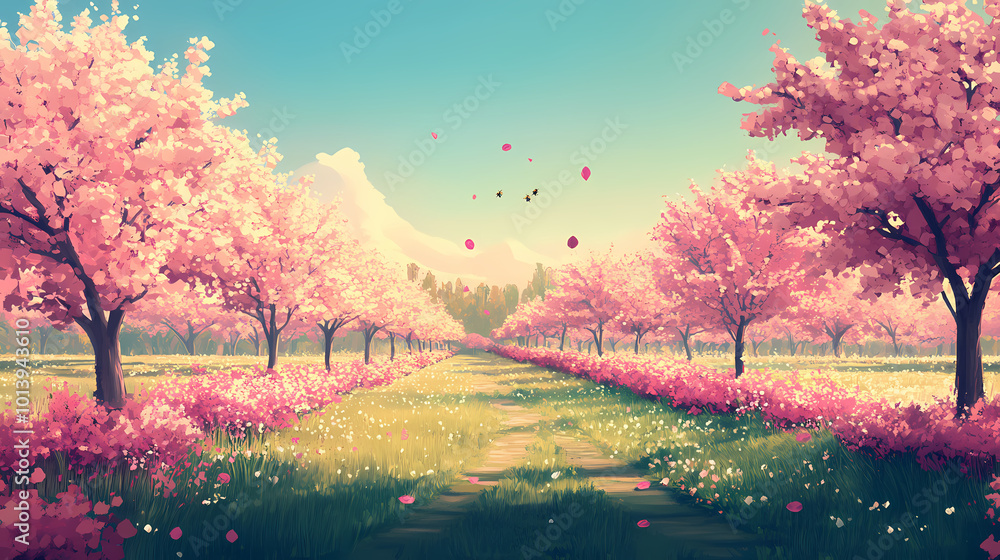 Picturesque apple orchard in full bloom during the vibrant colors of spring, with rows of blossoming trees stretching into the distance, bees buzzing among the flowers. Blooming Orchard. Illustration Picturesque apple orchard in full bloom during the vibrant colors of spring, with rows of blossoming trees stretching into the distance, bees buzzing among the flowers. Blooming Orchard. Illustration