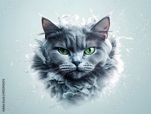 Captivating Feline Presence A Striking Portrait of a Russian Blue Cat Its Intense Expressive Gaze Commanding Attention Against a Transparent Whimsical Backdrop photo