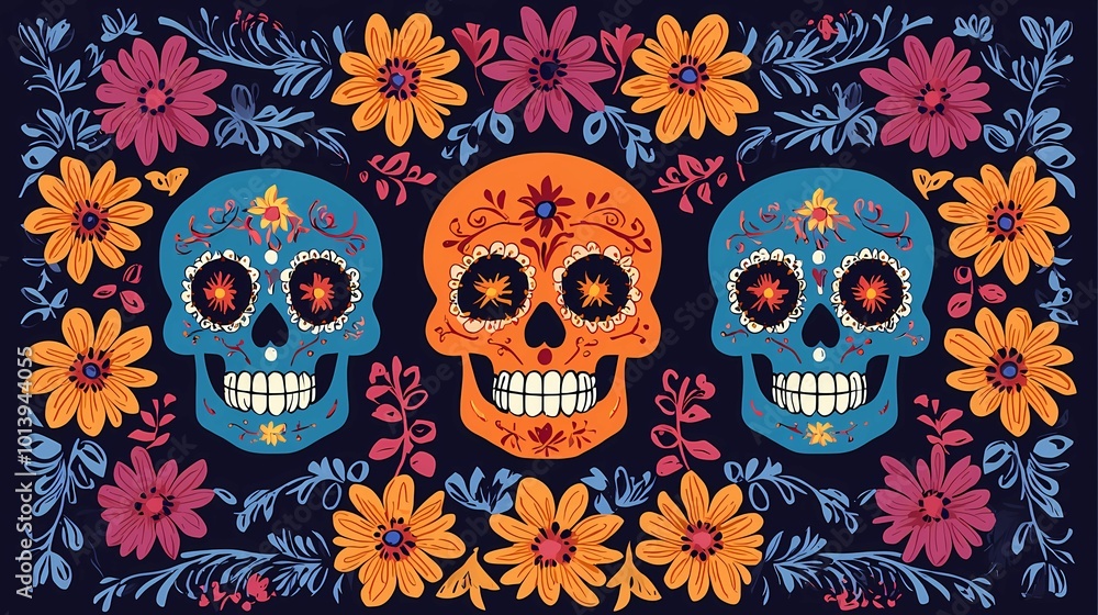 Day of the Dead Sugar Skulls: Vibrant and colorful sugar skulls, adorned with intricate floral patterns, stand against a rich, dark background. A celebration of life, death, and remembrance. Day of the Dead Sugar Skulls: Vibrant and colorful sugar skulls, adorned with intricate floral patterns, stand against a rich, dark background. A celebration of life, death, and remembrance.