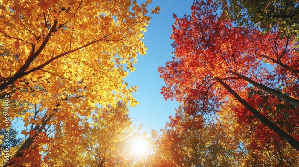photo of a vibrant autumn forest with golden and red leaves, sunlight streaming through the trees, against a clear blue sky photo of a vibrant autumn forest with golden and red leaves, sunlight streaming through the trees, against a clear blue sky