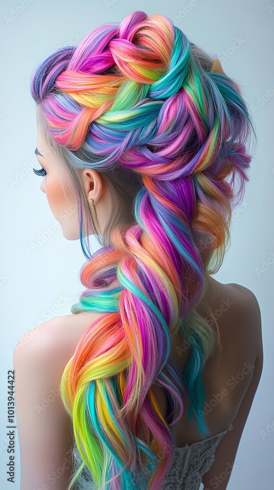 Naklejka premium Rainbow Braided Hair in a Loose, Colorful Braid