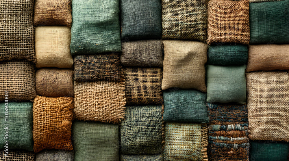 Textured fabric swatches arranged in an intricate pattern showcasing various colors and materials Textured fabric swatches arranged in an intricate pattern showcasing various colors and materials