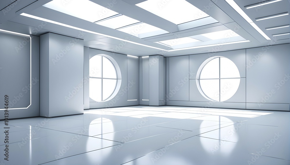 Fototapeta premium Three dimensional rendering of a futuristic empty room with skylights, AI generated