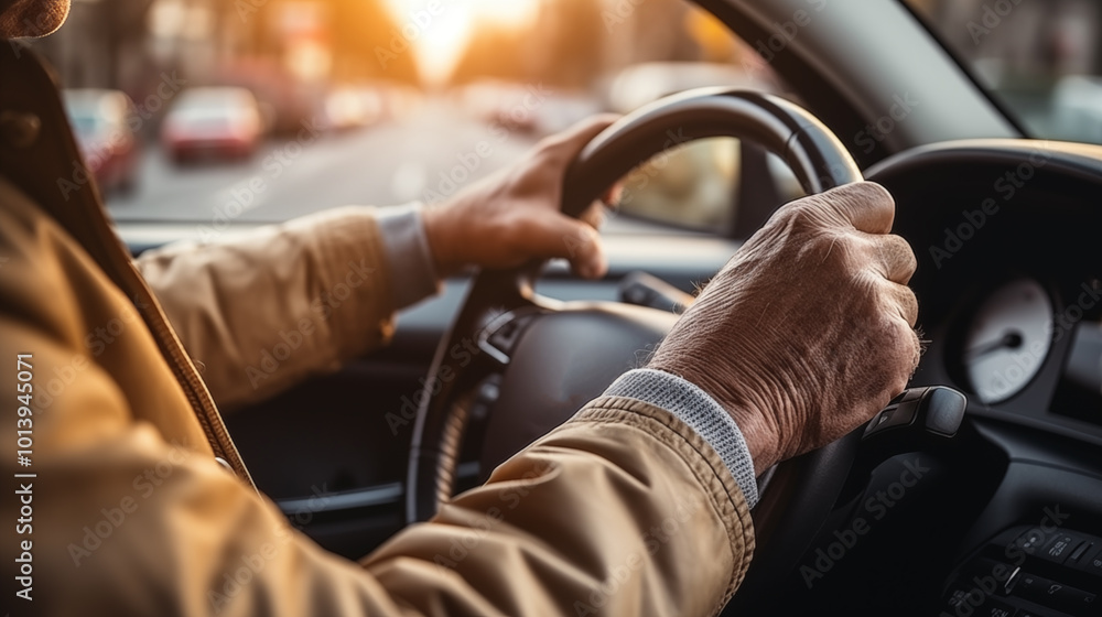 Portrait of a mature caucasian adult man driving a car with hands on the wheel. Portrait of a mature caucasian adult man driving a car with hands on the wheel.