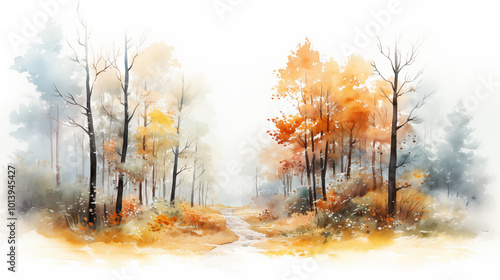 Watercolor illustration Colorful foliage in the park. Falling leaves natural background .Autumn season concept. Abstract autumn background