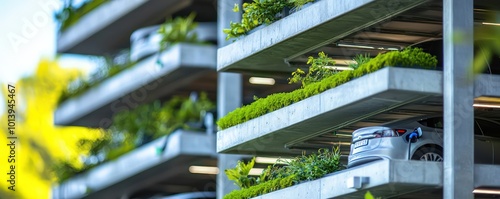 A close-up of an innovative, multi-level parking structure that integrates green spaces and electric vehicle charging stations on each floor