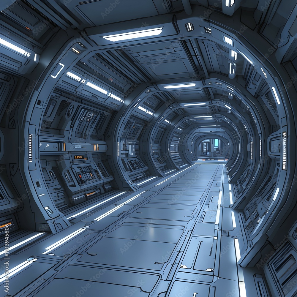 Three dimensional render of futuristic corridor inside a spaceship or space station, AI generated Three dimensional render of futuristic corridor inside a spaceship or space station, AI generated