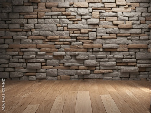 Three dimensional rendering of natural stone wall and wooden floor, AI generated